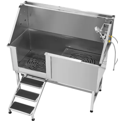 Obrázek produktu pro SucceBuy Nerezová mycí stanice pro psy, 1500 x 700 x 1495 mm, vana s schůdky, vodní filtr, kohoutek, sprchová hlavice a držák na mýdlo, vhodná pro domácí mazlíčky různých velikostí (levé dveře)