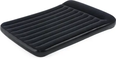 A black inflatable mattress is shown from a slightly elevated side angle on a white background.