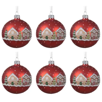 Produktbild von Weihnachtskugeln Glas 8cm Lebkuchenhaus Motiv Handbemalt 6er Set Rot