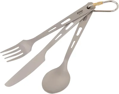 Immagine prodotto di Set di posate da campeggio, composto da 3 pezzi: cucchiaio, forchetta e coltello, in titanio, ideale per attività all'aperto