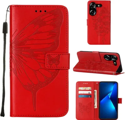 Produktbild von Lederhülle für Tecno Pova 5 LH7N Schmetterling Prägung Flip Ledertasche Kartenfächer Handyhülle mit Ständer Rot