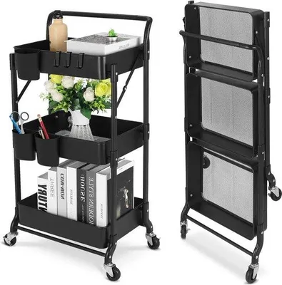 Image de Chariot de service multifonctionnel en plastique, pliable, idéal pour la cuisine, la salle de bain ou le bureau - Noir.