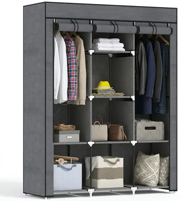Produktbild von Stoffkleiderschrank mit 2 Kleiderstangen und 8 Einlegeböden, 125x43x162,5 cm, Dunkelgrau - Vliesabdeckung - bis 55 kg belastbar - pulverbeschichteter Stahlrahmen
