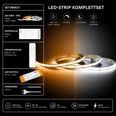 Produktbild von LED Streifen Set CCT IP65 – COB LED Streifen 24V, 16 W/m, 1345 lm/m, 5m, 2700-6000K – SS100 Netzteil, SR2 Funk-Controller und C1 Fernbedienung Weiß