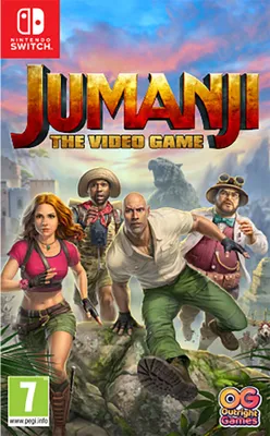 The cover art for the video game Jumanji: The Video Game, featuring the main characters in an adventurous jungle setting.