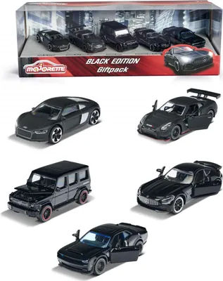 A gift pack of five black toy cars, with the packaging shown at the top.
