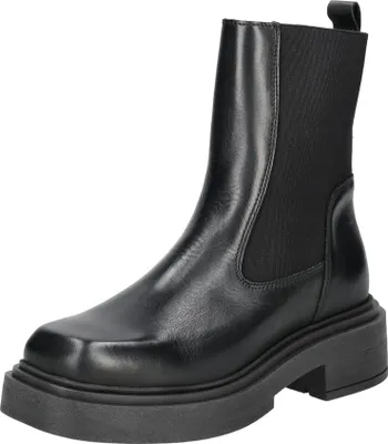 A black leather boot on a white background.
