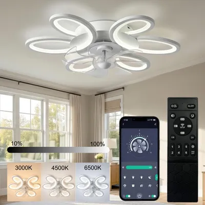 Zdjęcie produktu dla Nowoczesny biały wentylator sufitowy z oświetleniem LED – Ø65 cm, cichy silnik DC z aplikacją i pilotem, 6 prędkości wiatru, funkcja letnia/zimowa,