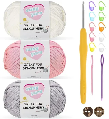 Immagine prodotto di Set di filato per uncinetto rosa, bianco e grigio, composto da 3 gomitoli da 50 grammi ciascuno, in cotone, con uncinetto da 3,5 mm