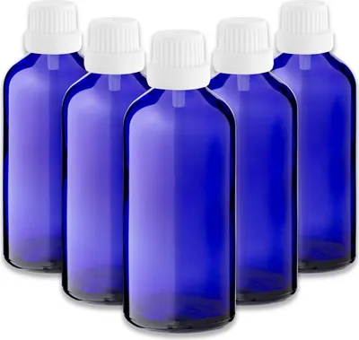 Produktbild von 5x Blaue Glasflasche 100 ml mit weißem Tropfeinsatz Tropfflasche leer
