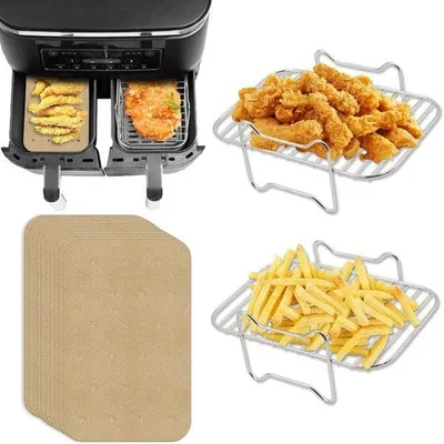 Produktbild von 2er Set 8-Liter-Airfryer-Unterlegsätze - inkl. 100 Ölpapiersätze - für Ninja Foodi DZ201 - DZ401 - 304 Edelstahl-Doppelunterlegsätze