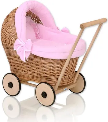 Immagine prodotto di Carrozzina per bambole in vimini - carrozzina giocattolo in vimini - con morbida imbottitura rosa e legno robusto