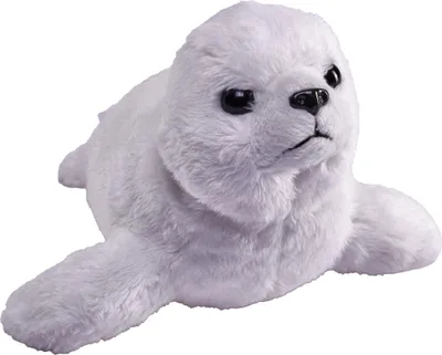 A plush toy seal on a white background.