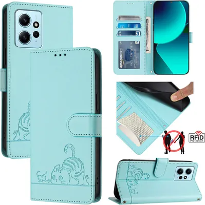 Produktbild von Leder Hülle für Xiaomi Redmi Note 12 4G Süße Katze Flip Case Brieftasche Schutzhülle mit Standfunktion hellgrün