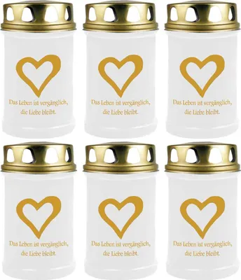Produktbild von Grabkerze Weiß 6er Pack ( Druck Gold ), 48 Stunden/Kerze, Motiv: Herz