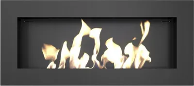 A close-up view of a black bioethanol fireplace with visible flames.