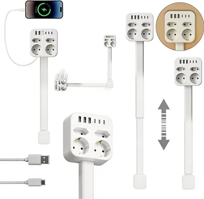 Produktbild von Steckdosenleiste 4-fach mit 6 USB-Ports, ausziehbar 44–70cm, 360° schwenkbar, Überspannungsschutz, wandmontierbar, familienfreundlich