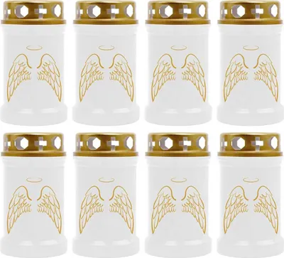 Produktbild von Grabkerze Weiß 8er Pack ( Druck Gold ), 40 Stunden/Kerze, Motiv: Engelsflügel