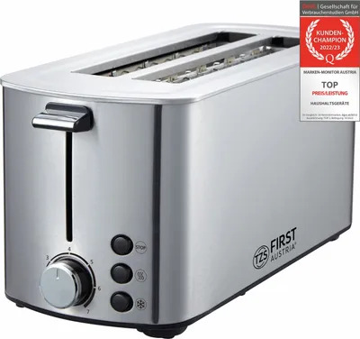 A silver toaster is shown from a diagonal front-left angle against a white background.