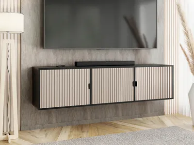 Produktbild von KierMoebel Tv Schrank ELI 3, Modern Lowboard Schwarz & Kaschmir Geriffelt  156,4x42x38,8 cm