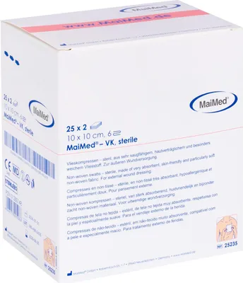 Obrázok produktu pre MaiMed-VK-sterilné kompresy z netkanej textílie 10x10cm so 6-násobným preložením 25x2 ks/box | box (50 ks)