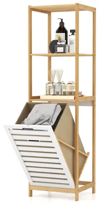Bambus-Badregal mit Wäschekorb, 4 Fächer, 130 cm, natur/weiß