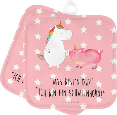 Produktbild von Mr. & Mrs. Panda topfhalter Einhorn Schwein - Rot Pastell - Geschenk, Topflappen 2er Set, Freundin, Unicorn, Einhörner, Topfuntersetzer, Topflappenset, Schweinchen