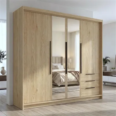 Produktbild von Geräumiger vier-türiger Kleiderschrank VIVO mit Schubladen und Metallgriffen – modernes Design