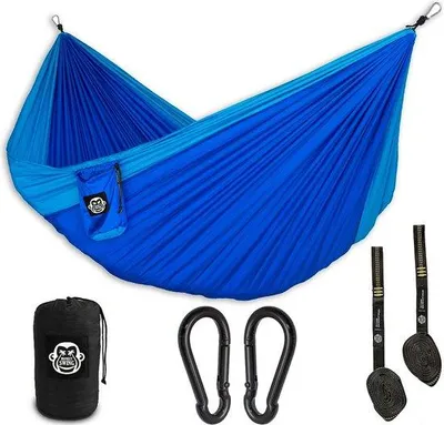 Produktbild von Unyqoos® Reisehängematte 275×140 cm – ultraleichtes Nylon-Set mit verstärkten Befestigungsbändern (11 Ösen) & 2 Stahlkarabinern, max. 220 kg, Blau