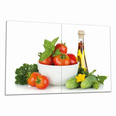 Produktbild von Wallario Herdabdeckplatte aus Glas, Größe 80 x 52 cm 2-teilig, Motiv Frische Salatzutaten mit Kräuter-Öl - Tomaten, Gurke, Petersilie