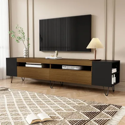 Image de OKWISH Meuble TV avec 2 Portes et Niches Ouvertes - MDF et Panneau de Particules - 180x36x43 cm - Noir