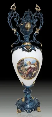 Produktbild von Casa Padrino Luxus Barock Vase Blau / Weiß / Mehrfarbig / Gold 21 x H. 62 cm - Handgefertigte Barockstil Blumenvase - Barock Deko Accessoires - Edel & Prunkvoll