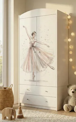 Image de Armoire pour enfant blanche 88 x 187 cm avec 2 tiroirs et une tringle, meuble de chambre d'enfant spacieux, autocollants colorés, cœurs, ballerine