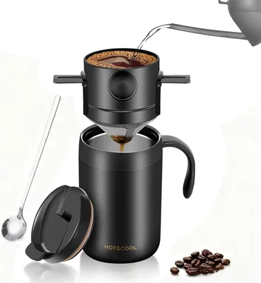 Produktbild von 16oz Reise Kaffeekanne Set, Edelstahl Thermobecher doppelwandig, Handfilter Kaffee wiederverwendbar, faltbar, Camping & Outdoor