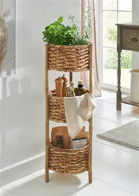 Image de Etagère en bambou avec 3 paniers en hyacinthe d'eau, hauteur 90 cm, étagère de salle de bain, étagère de cuisine