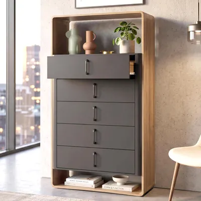 Immagine prodotto di Highboard HWC-P43, armadio alto, credenza, cassettiera, 5 cassetti MDF 155x80x41cm ~ effetto rovere Rivera, grigio scuro