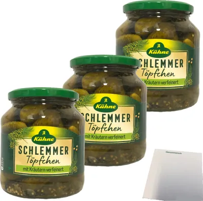 Produktbild von Kühne Schlemmertöpfchen Gewürzgurken mit Kräutern verfeinert feine Gürkchen Cornichons 3er Pack (3x300g Glas) + usy Block