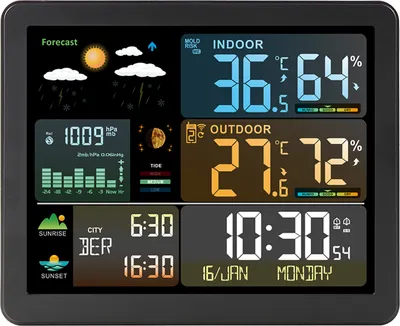 Produktbild von FJ3566M Intelligente Wetterstation mit Uhr, Innen- und Aussentemperatur- und Luftfeuchtigkeitsmesser, multifunktionale Wetteruhr mit grossem Farbbildschirm, Temperatur- und Luftfeuchtigkeitsmesser mit 1 Sensor (unterstuetzt bis zu 3 Sensoren), Temperatur, Luftfeuchtigkeit, Mondphase, Gezeitendruck, Wettervorhersage, Anzeige von Sonnenaufgang und Sonnenuntergang, Wecker