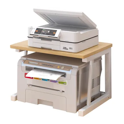 A two-tier printer stand with two printers on it, one on each tier.