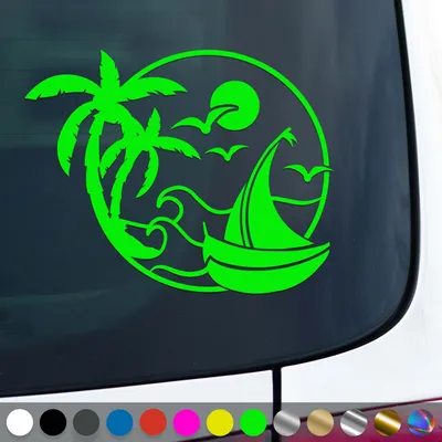 Produktbild von PantherPixel Sonne Strand Aufkleber Palmen Urlaub Reisen Segelboot Sticker Auto Geschenkidee Farbe Neon-Grün