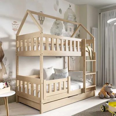 Produktbild von Etagenbett mit Matratzen und Schublade 160 x 80 cm Hausbett mit Rausfallschutz, Leiter, Kinderbett in Kiefer POLA