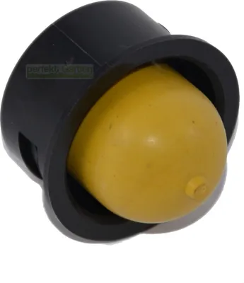 A black primer pump with a yellow float ball inside, isolated on a white background.