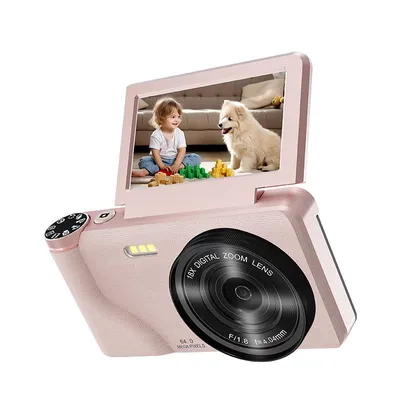 Obrázek produktu pro Digitální fotoaparát ZELURXX, 4K video, 64MP fotografie, 18x zoom, 3,0" výklopný IPS displej, 2000mAh baterie, kompaktní, na cesty, pro videozáznamy, přenosný, růžový