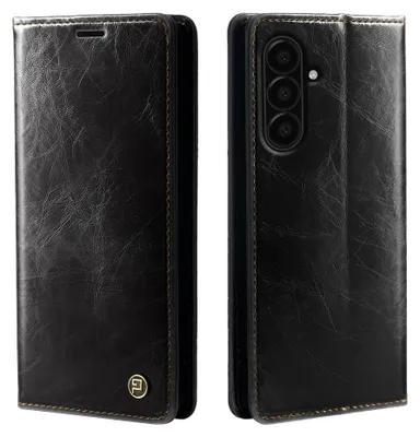 A black leather flip case for a smartphone is shown from two angles.