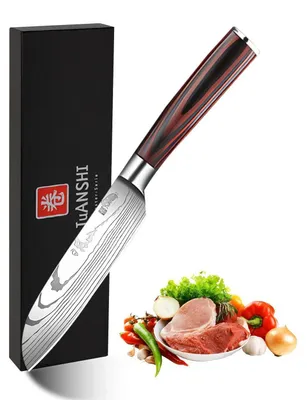 Image de Couteau Santoku de 13 cm, en acier inoxydable à haute teneur en carbone, très tranchant, idéal pour les légumes, la viande et les fruits, avec un manche ergonomique