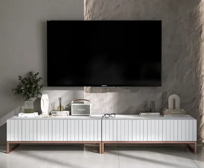 Produktbild von Universal TV-Schrank 2 x ELPIS TV Glamour Style Kupferfarbig Metall Fußgestell Modern Lindner Möbel 220 cm x 39 cm x 54 cm Farbe: Weiß matt - Italienische Tiefmattfolie