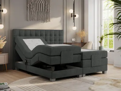 A bedroom setting with a bed.