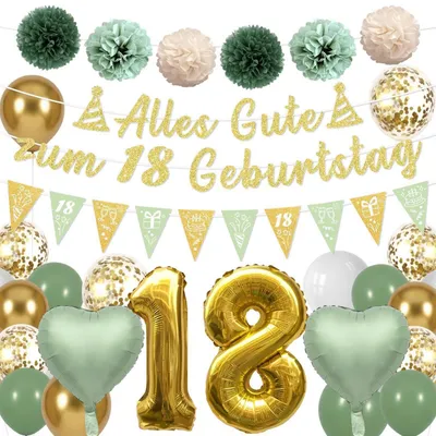 Productafbeelding van Deko set voor 18e verjaardag, groen en goud, met ballonnen en een slinger, 27 stuks
