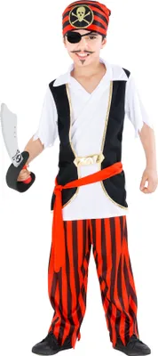 A young boy dressed as a pirate, holding a toy sword.