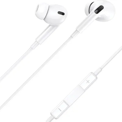 A pair of white earbuds with a USB-C connector and inline controls.